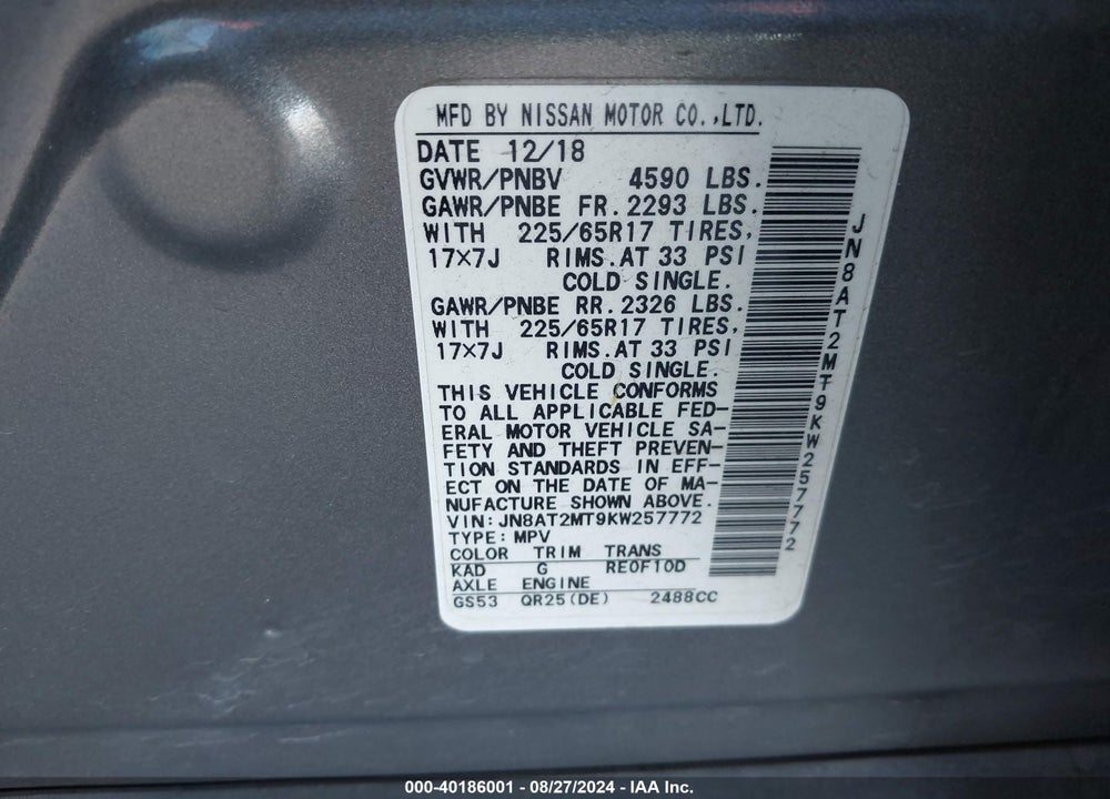 2019 NISSAN ROGUE SV VIN: JN8AT2MT9KW257772