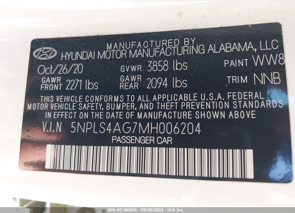 2021 HYUNDAI ELANTRA SEL VIN: 5NPLS4AG7MH006204