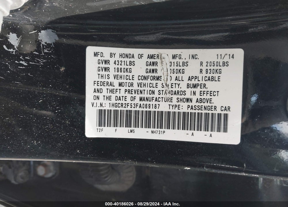 2015 HONDA ACCORD SPORT VIN: 1HGCR2F53FA069187