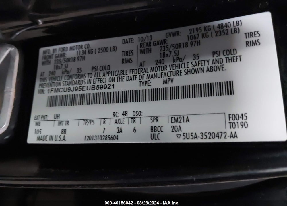 2014 FORD ESCAPE TITANIUM VIN: 1FMCU9J95EUB59921