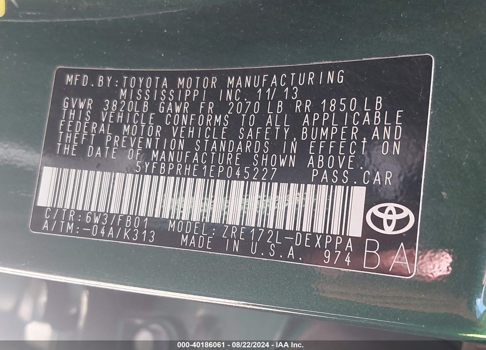2014 TOYOTA COROLLA LE ECO PLUS VIN: 5YFBPRHE1EP045227