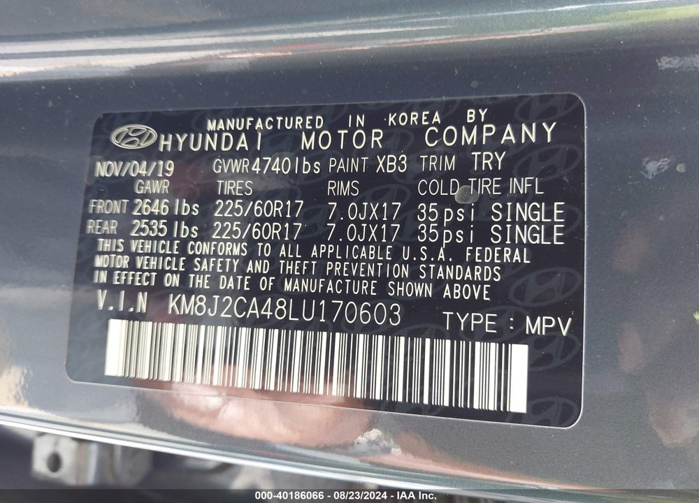 2020 HYUNDAI TUCSON SE VIN: KM8J2CA48LU170603