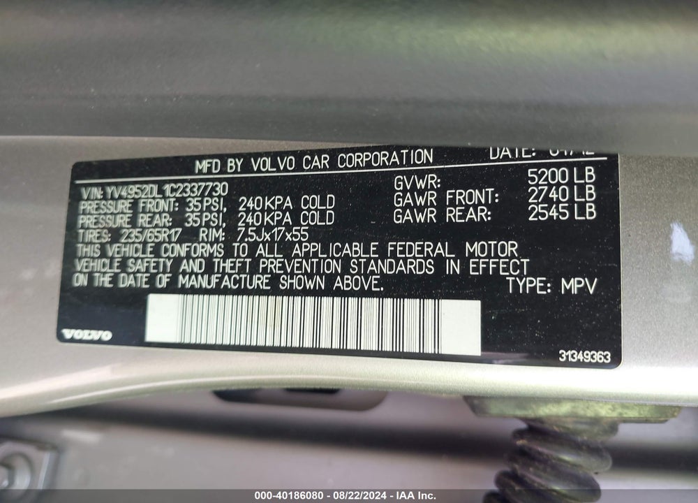 2012 VOLVO XC60 3.2/3.2 PLATINUM/3.2 PREMIER/3.2 PREMIER PLUS VIN: YV4952DL1C2337730
