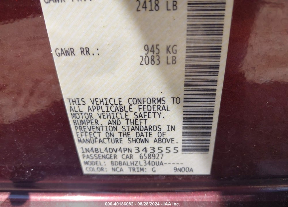 2023 NISSAN ALTIMA SV FWD VIN: 1N4BL4DV4PN343555