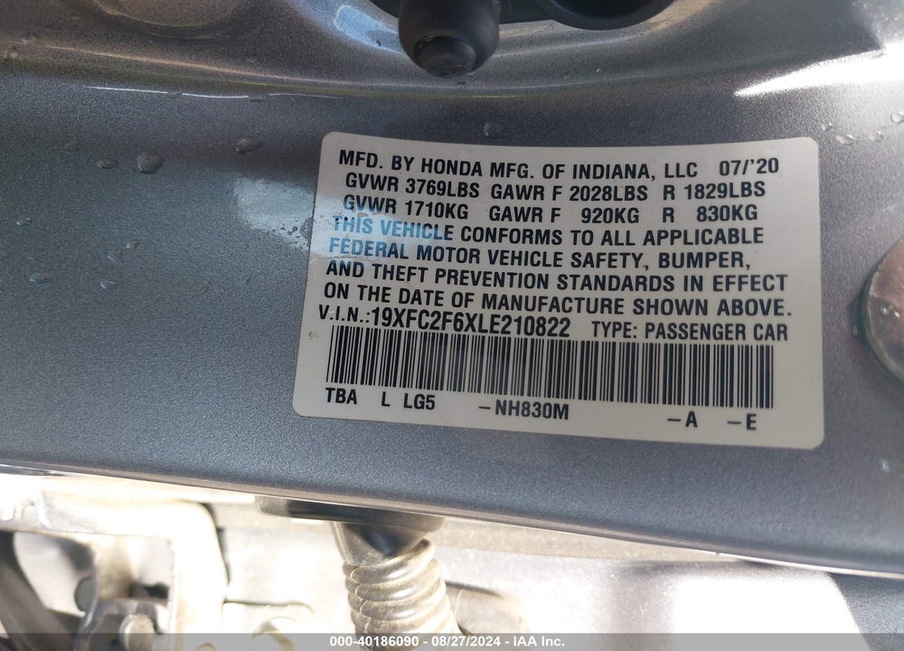 2020 HONDA CIVIC LX VIN: 19XFC2F6XLE210822
