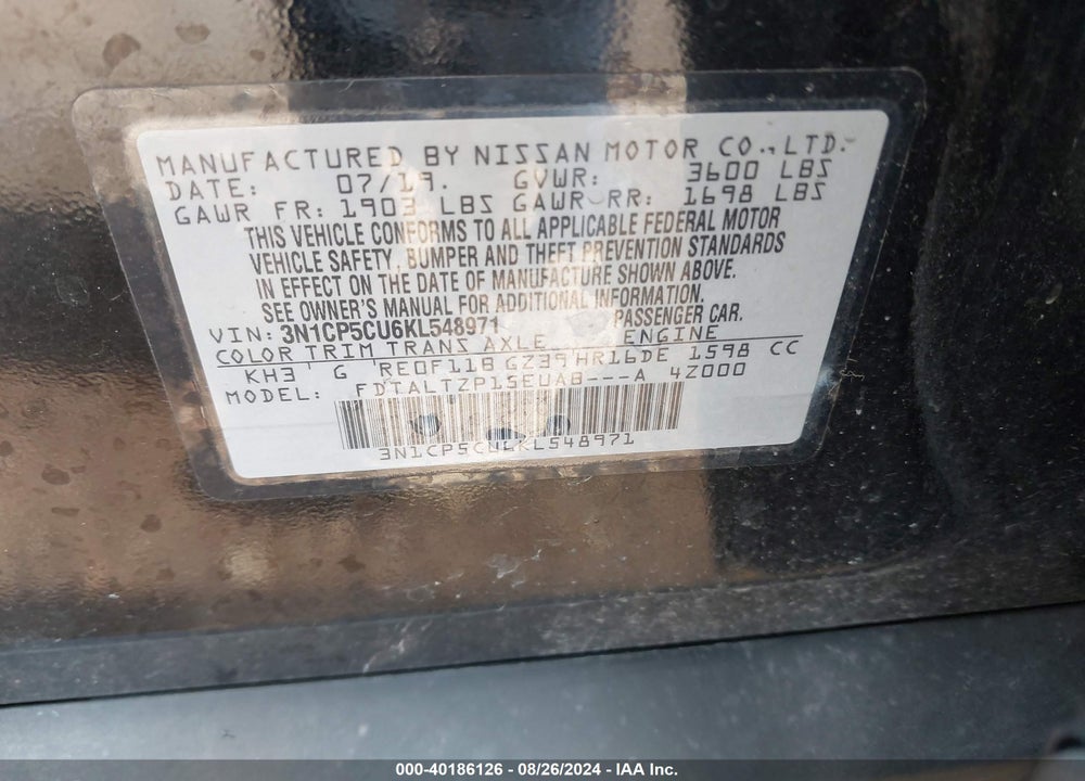 2019 NISSAN KICKS SR VIN: 3N1CP5CU6KL548971