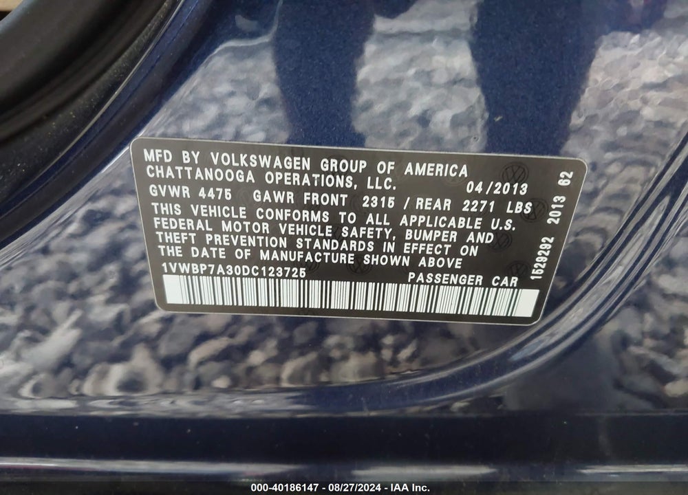 2013 VOLKSWAGEN PASSAT 2.5L SE VIN: 1VWBP7A30DC123725