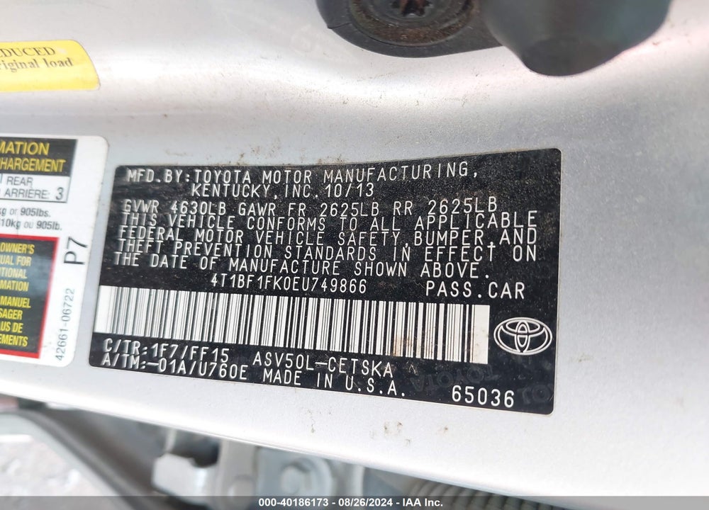 2014 TOYOTA CAMRY SE VIN: 4T1BF1FK0EU749866