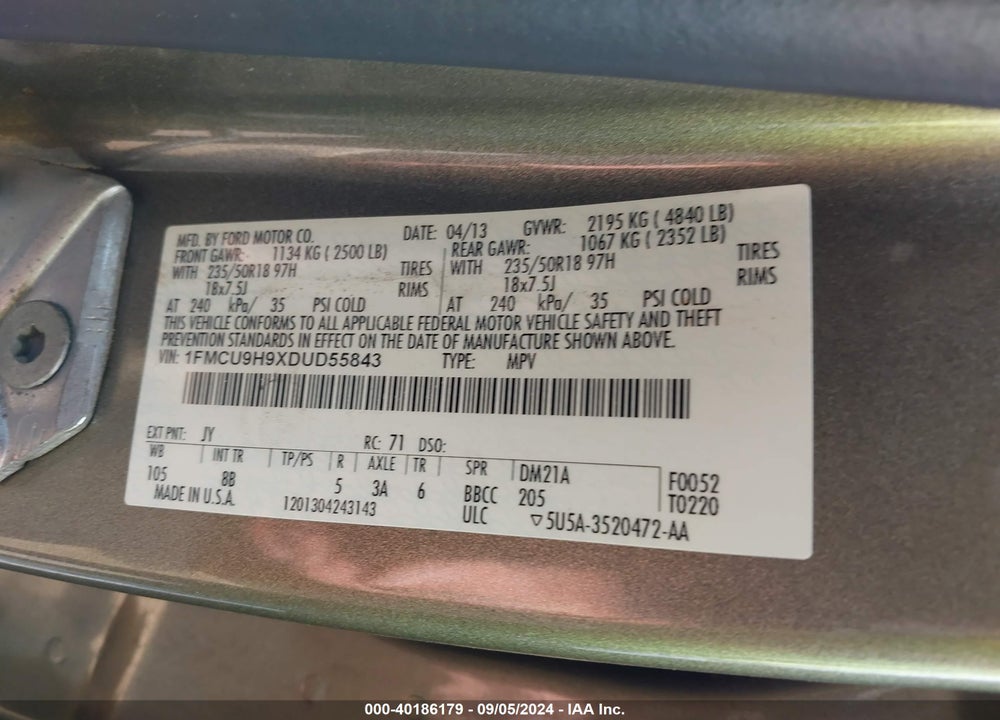 2013 FORD ESCAPE SEL VIN: 1FMCU9H9XDUD55843