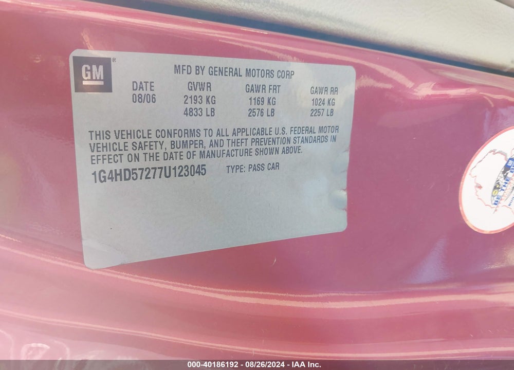 2007 BUICK LUCERNE CXL VIN: 1G4HD57277U123045