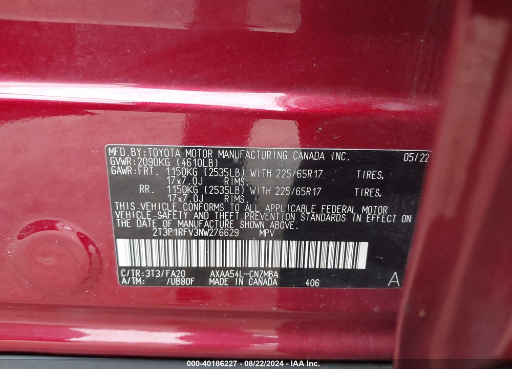 2022 TOYOTA RAV4 XLE VIN: 2T3P1RFV3NW276629