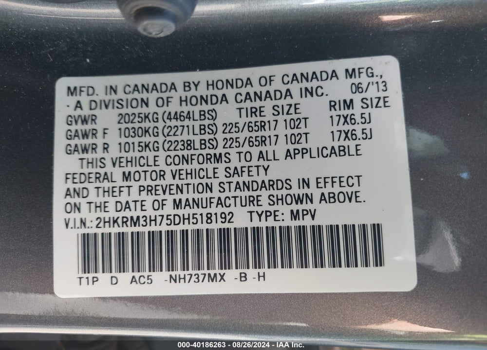 2013 HONDA CR-V VIN: 2HKRM3H75DH518192