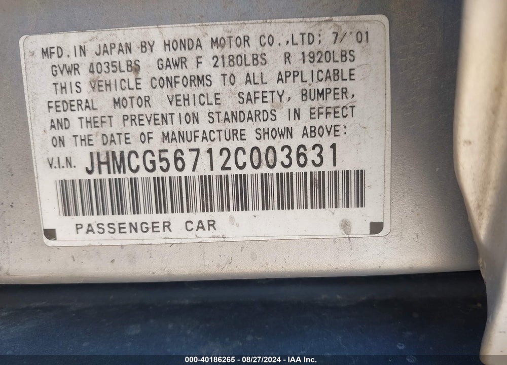 2002 HONDA ACCORD 2.3 SE VIN: JHMCG56712C003631