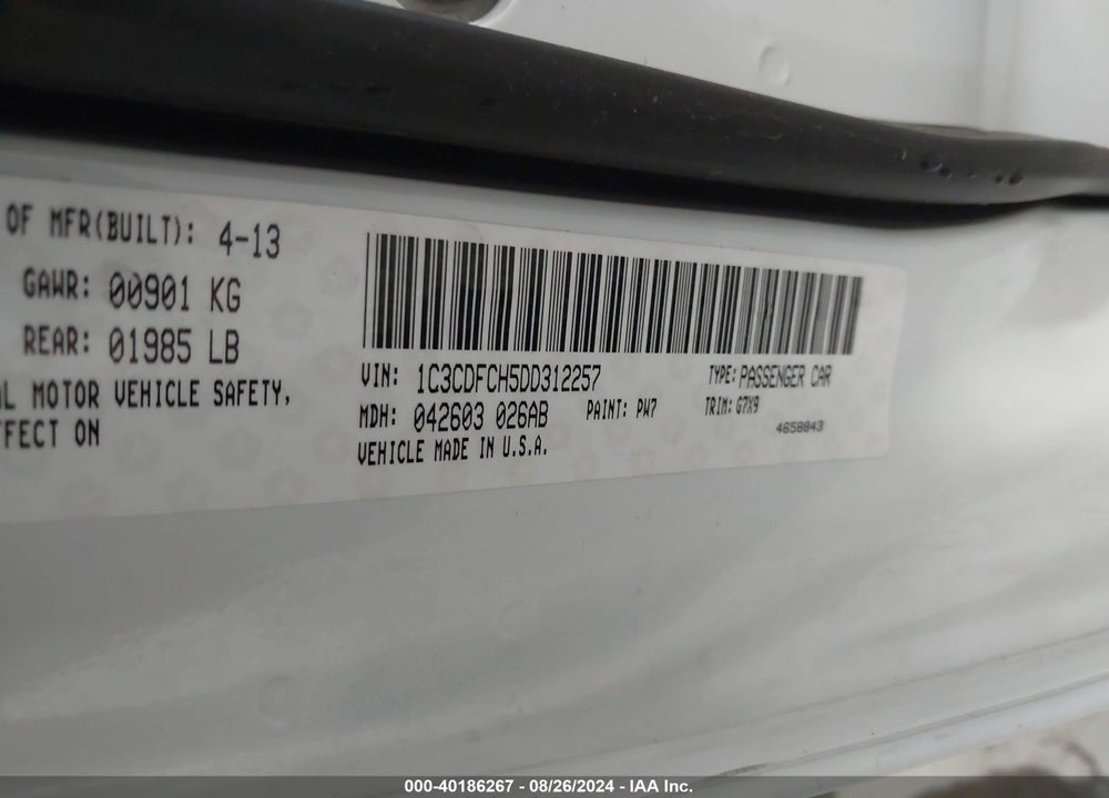 2013 DODGE DART LIMITED VIN: 1C3CDFCH5DD312257