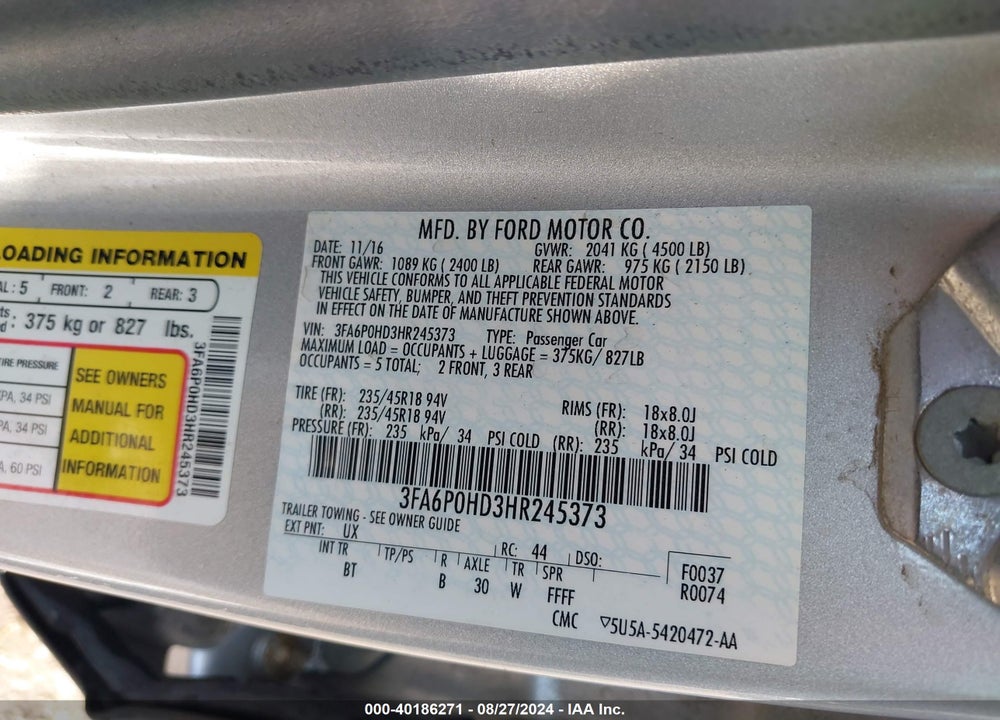 2017 FORD FUSION SE VIN: 3FA6P0HD3HR245373
