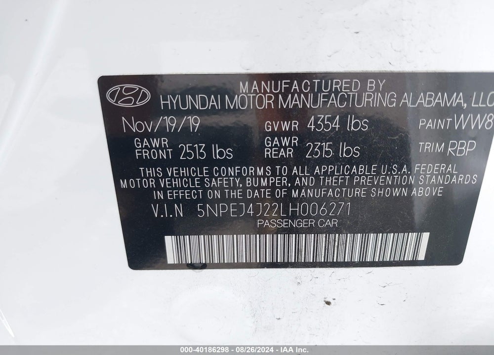 2020 HYUNDAI SONATA SEL PLUS VIN: 5NPEJ4J22LH006271