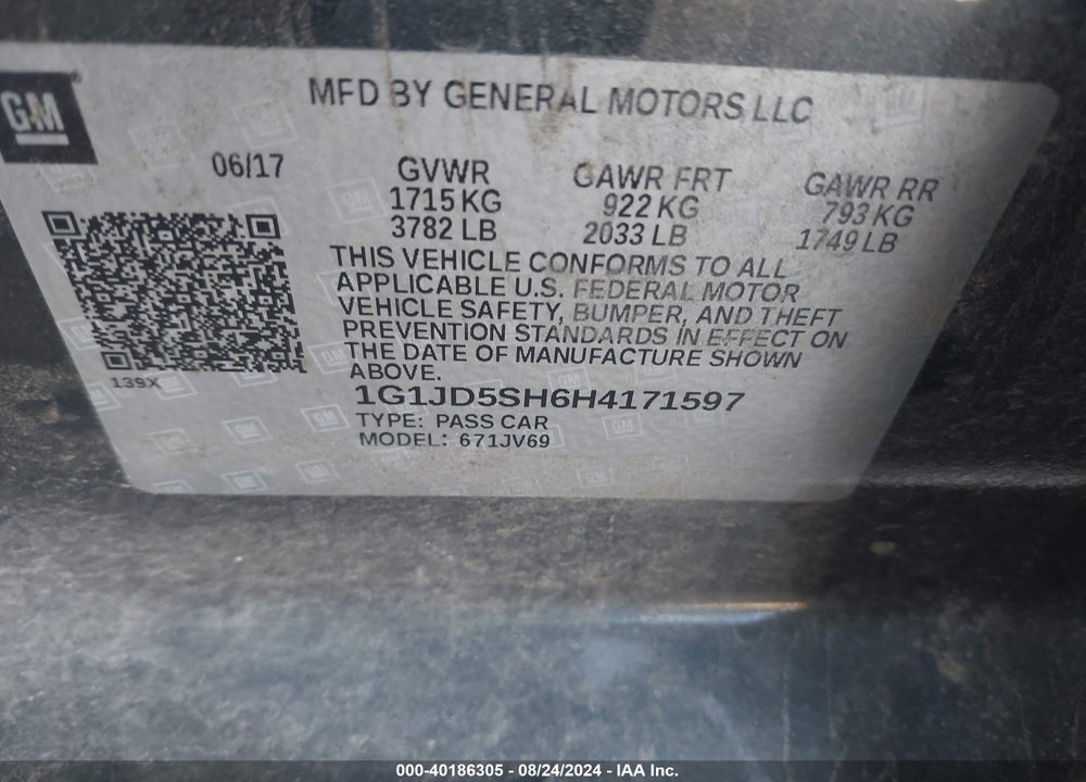 2017 CHEVROLET SONIC LT AUTO VIN: 1G1JD5SH6H4171597