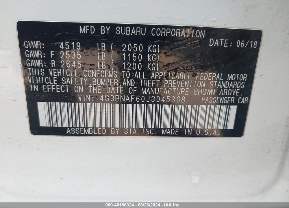 2018 SUBARU LEGACY 2.5I PREMIUM VIN: 4S3BNAF60J3045368