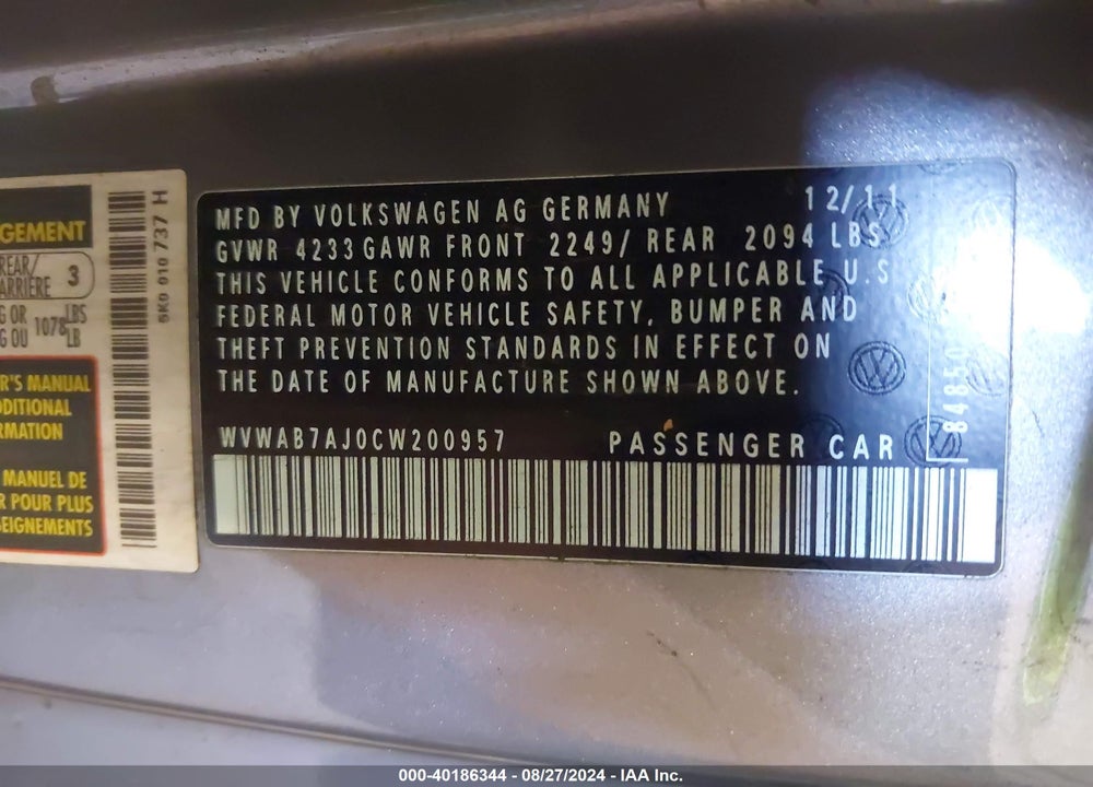 2012 VOLKSWAGEN GOLF 2.5L 2-DOOR VIN: WVWAB7AJ0CW200957