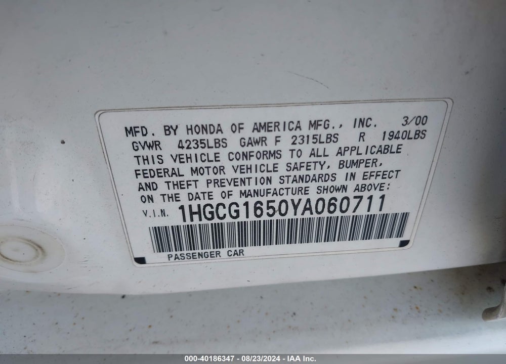 2000 HONDA ACCORD 3.0 EX VIN: 1HGCG1650YA060711