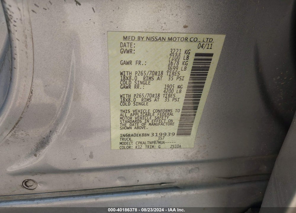 2011 NISSAN TITAN SV VIN: 1N6BA0EK8BN319939