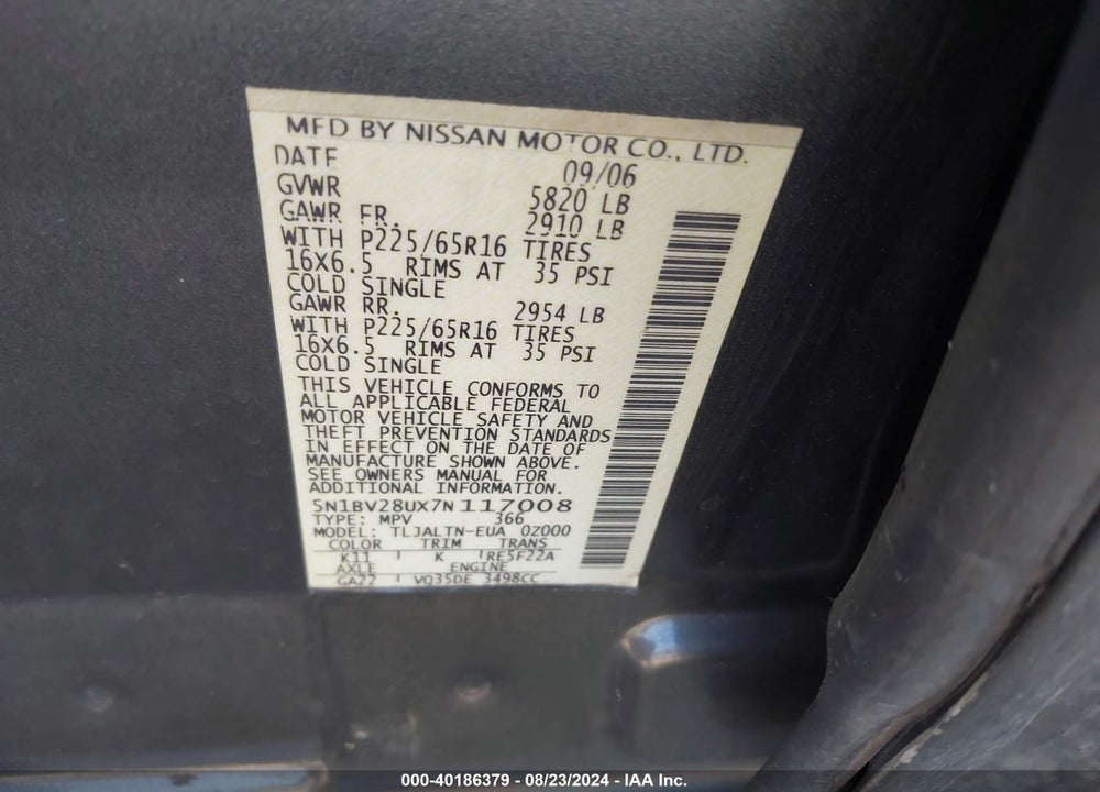 2007 NISSAN QUEST 3.5 SL VIN: 5N1BV28UX7N117008