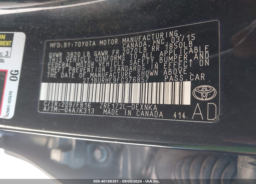 2015 TOYOTA COROLLA LE VIN: 2T1BURHE9FC376857