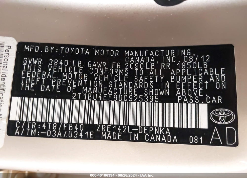 2013 TOYOTA COROLLA LE VIN: 2T1BU4EE9DC925395