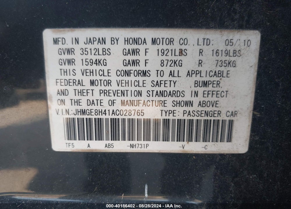 2010 HONDA FIT SPORT VIN: JHMGE8H41AC028765