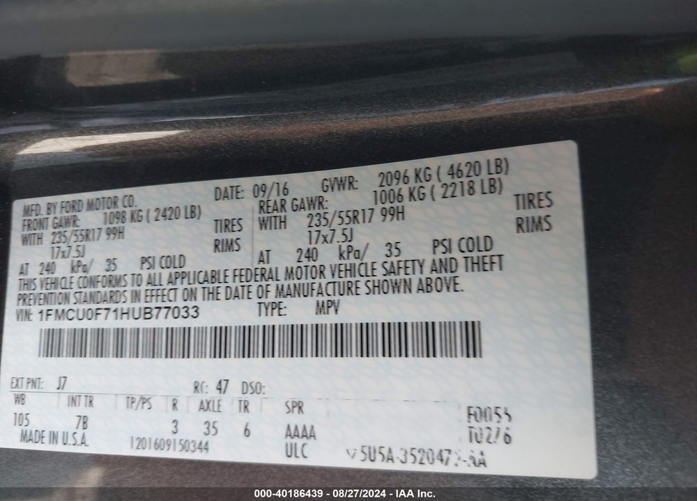 2017 FORD ESCAPE S VIN: 1FMCU0F71HUB77033