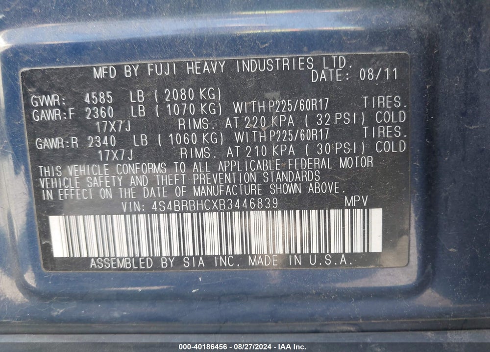 2011 SUBARU OUTBACK VIN: 4S4BRBHCXB3446839
