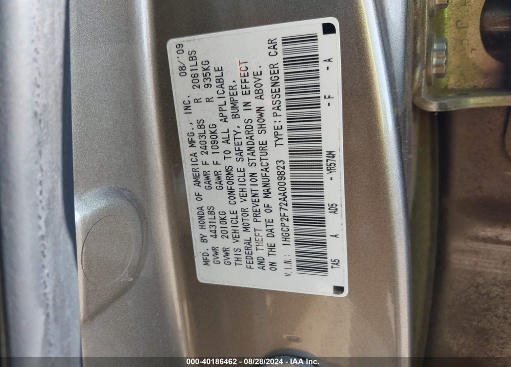 2010 HONDA ACCORD 2.4 EX VIN: 1HGCP2F72AA009823