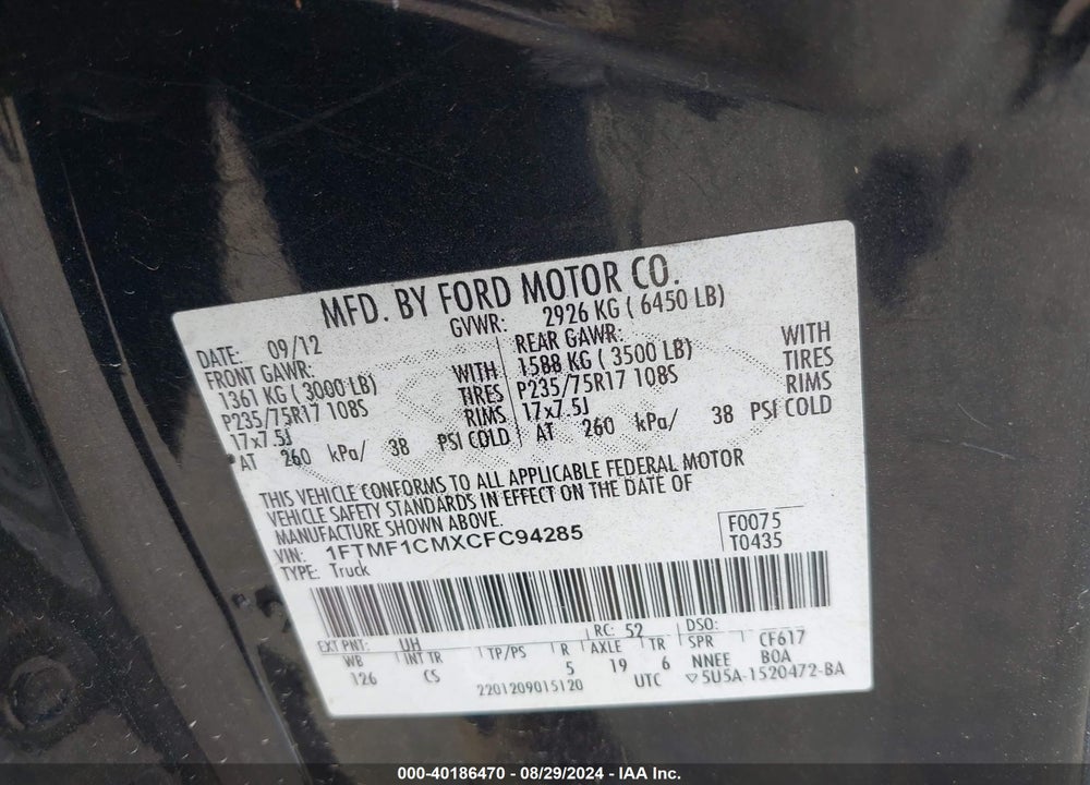 2012 FORD F-150 XL VIN: 1FTMF1CMXCFC94285