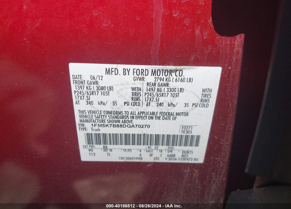 2013 FORD EXPLORER VIN: 1FM5K7B88DGA70270