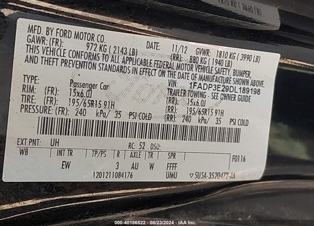 2013 FORD FOCUS VIN: 1FADP3E29DL189198