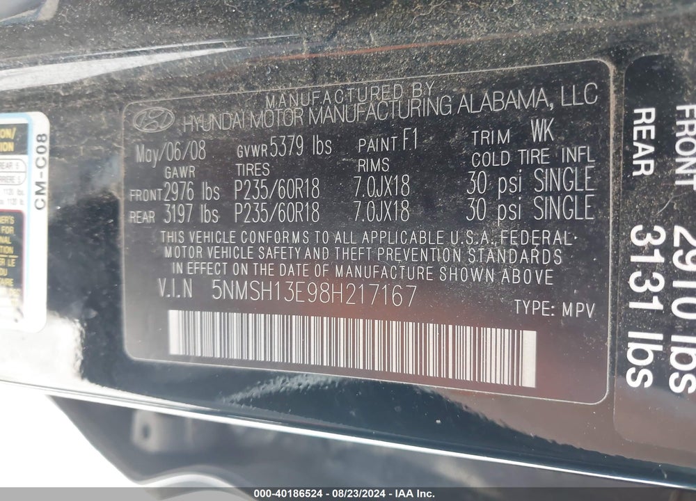 2008 HYUNDAI SANTA FE LIMITED/SE VIN: 5NMSH13E98H217167