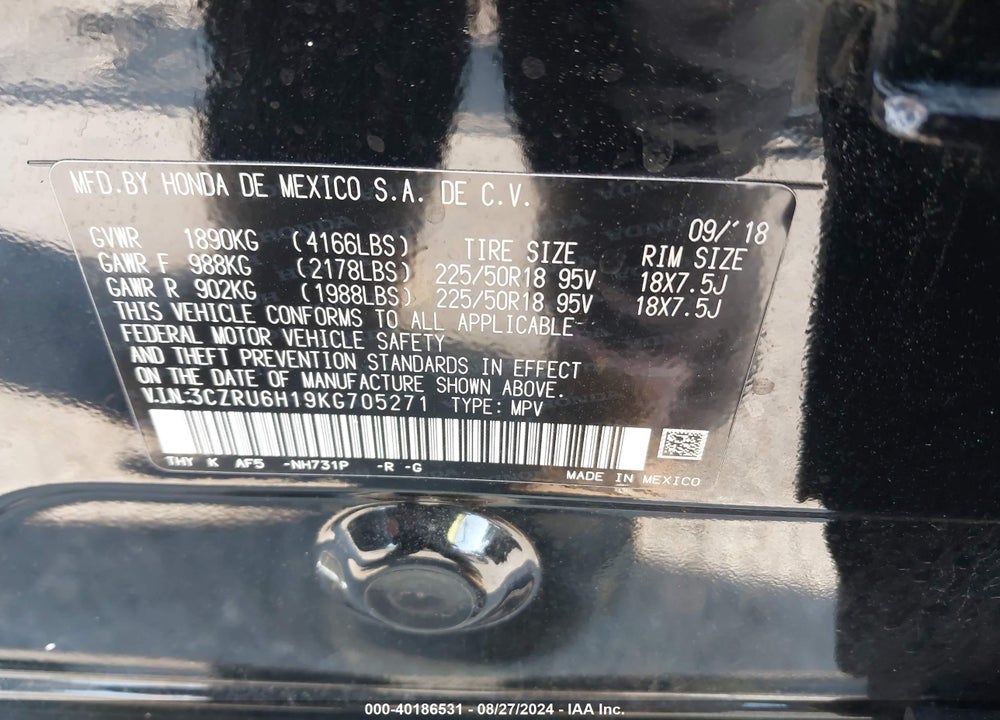 2019 HONDA HR-V SPORT VIN: 3CZRU6H19KG705271