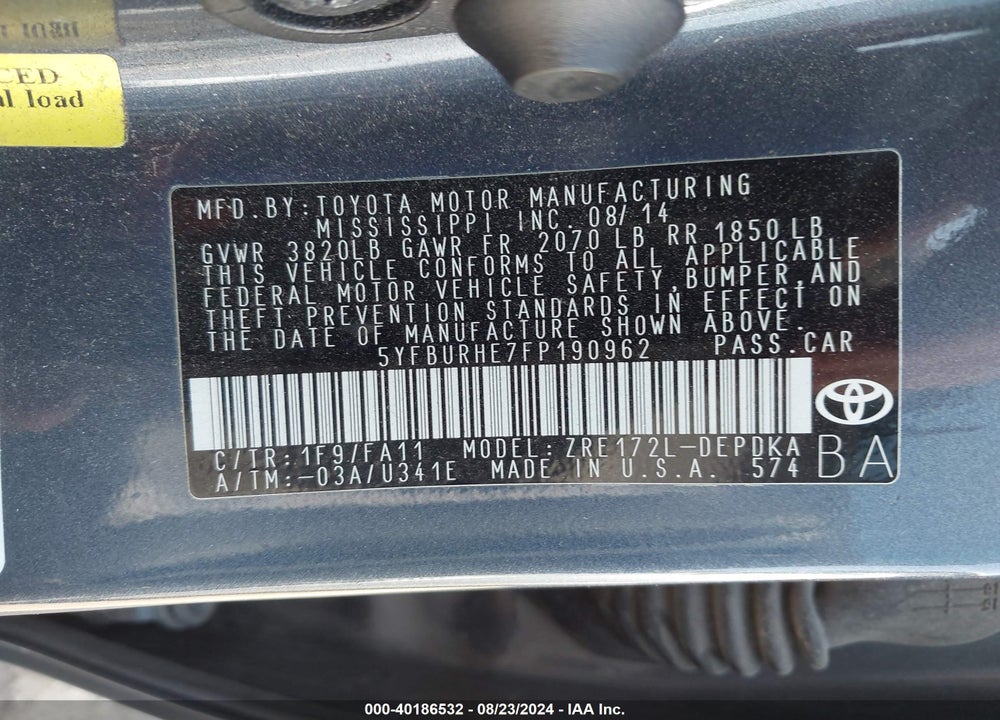 2015 TOYOTA COROLLA L VIN: 5YFBURHE7FP190962