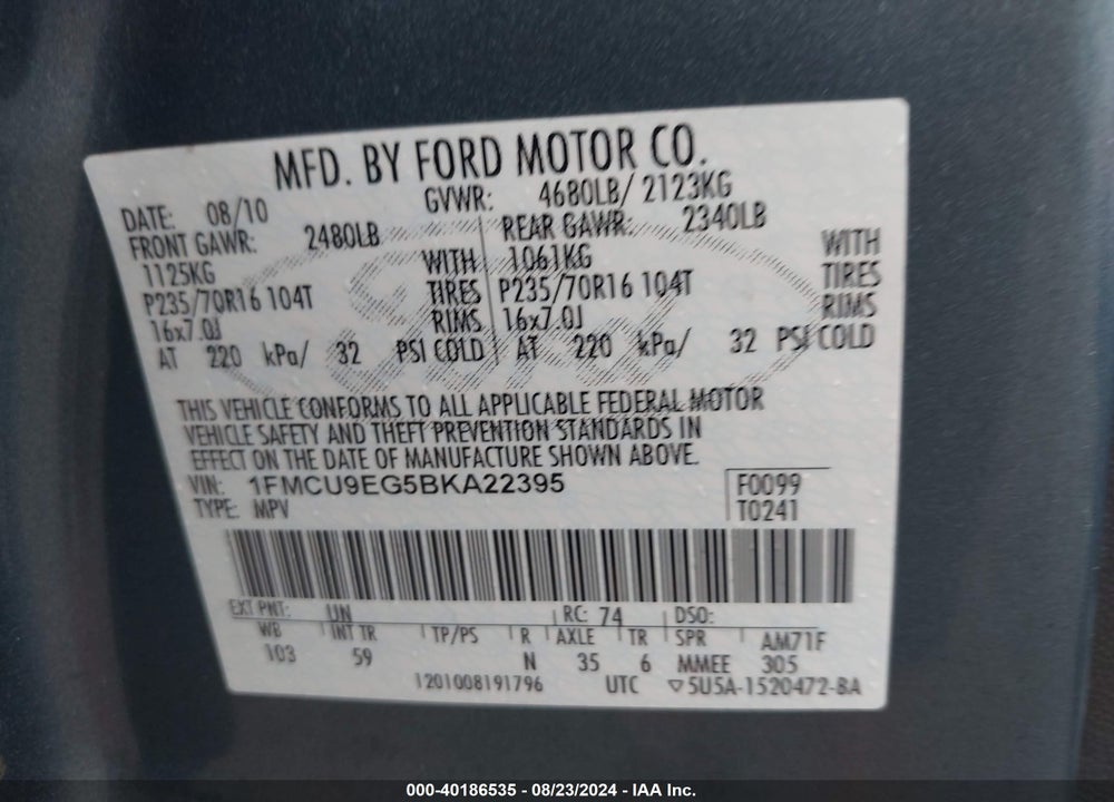 2011 FORD ESCAPE LIMITED VIN: 1FMCU9EG5BKA22395