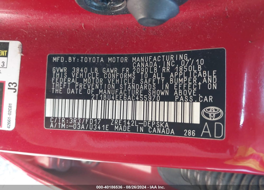 2010 TOYOTA COROLLA S VIN: 2T1BU4EE6AC455970