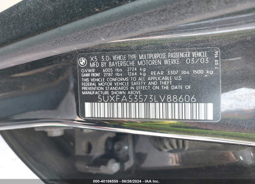 2003 BMW X5 3.0I VIN: 5UXFA53573LV88606