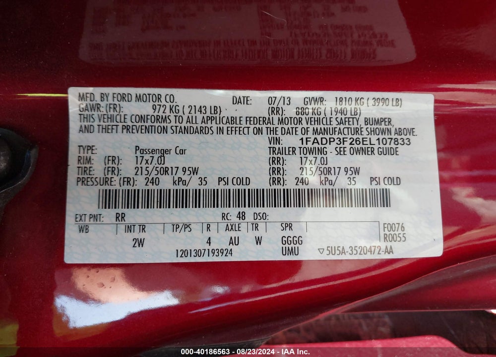 2014 FORD FOCUS SE VIN: 1FADP3F26EL107833