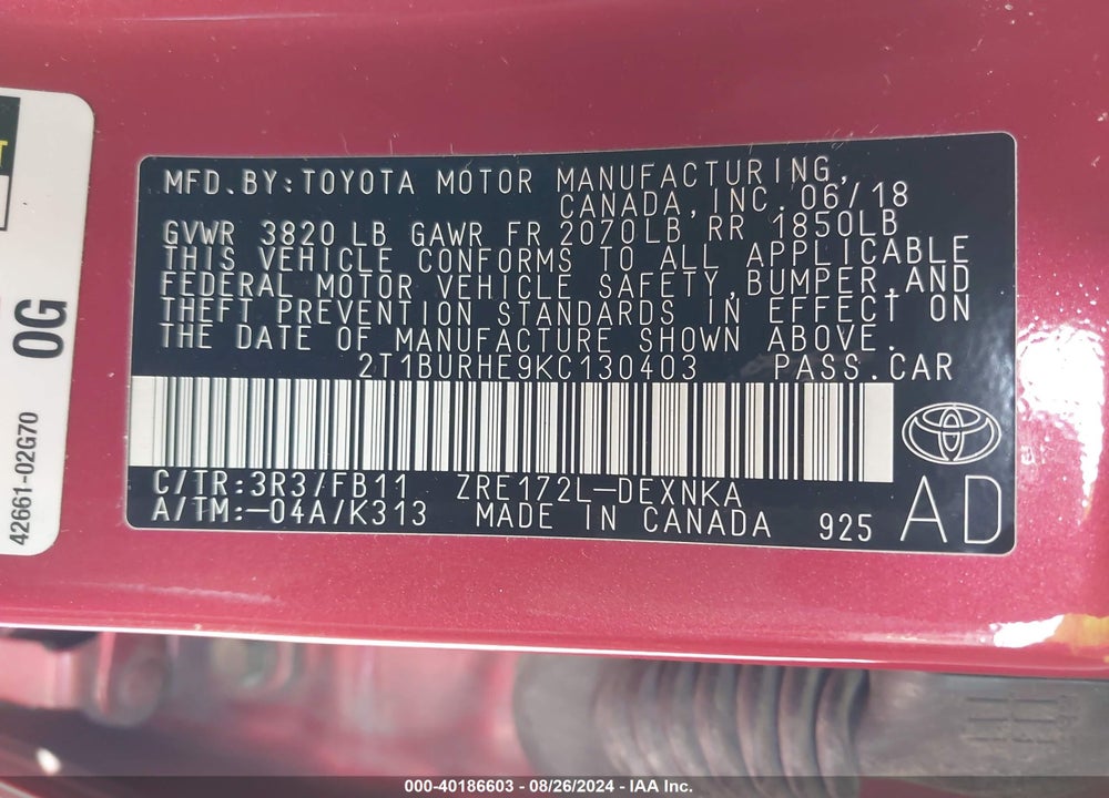 2019 TOYOTA COROLLA LE VIN: 2T1BURHE9KC130403