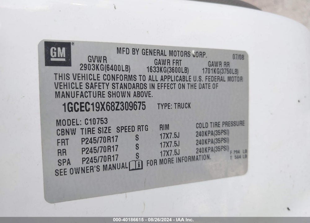 2008 CHEVROLET SILVERADO 1500 WORK TRUCK VIN: 1GCEC19X68Z309675