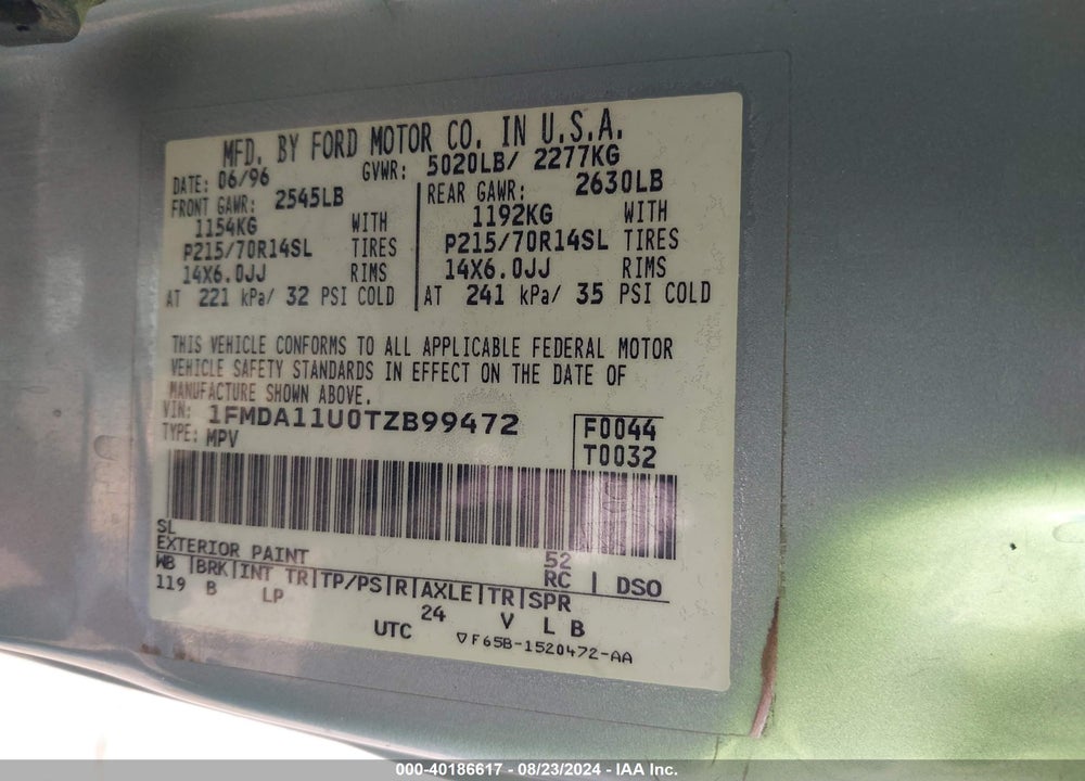 1996 FORD AEROSTAR VIN: 1FMDA11U0TZB99472