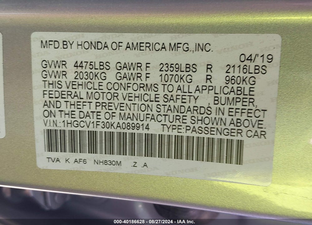 2019 HONDA ACCORD SPORT VIN: 1HGCV1F30KA089914