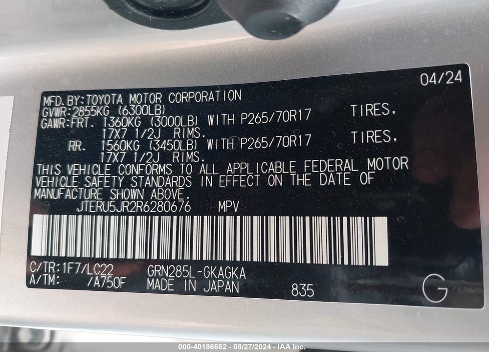 2024 TOYOTA 4RUNNER TRD OFF ROAD PREMIUM VIN: JTERU5JR2R6280676