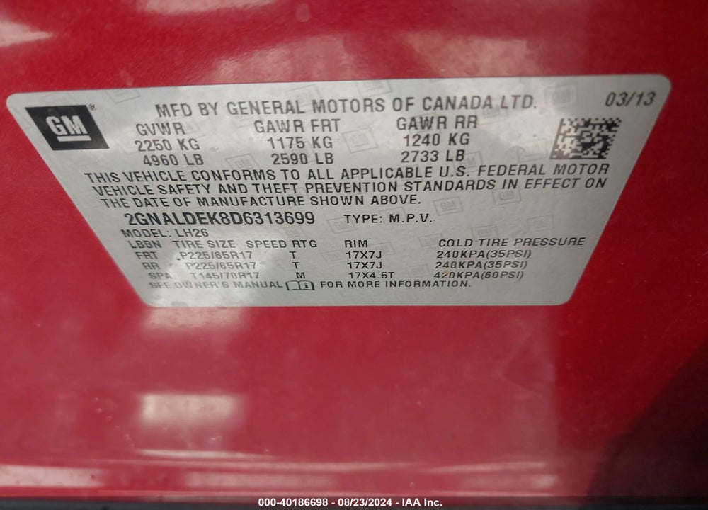 2013 CHEVROLET EQUINOX 1LT VIN: 2GNALDEK8D6313699