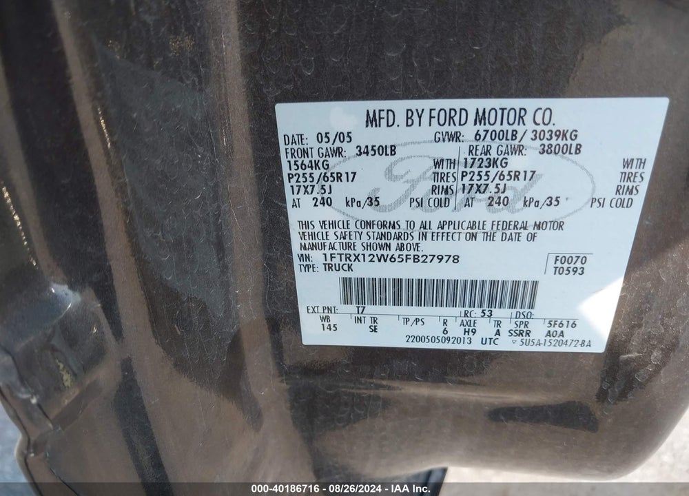 2005 FORD F-150 STX/XL/XLT VIN: 1FTRX12W65FB27978