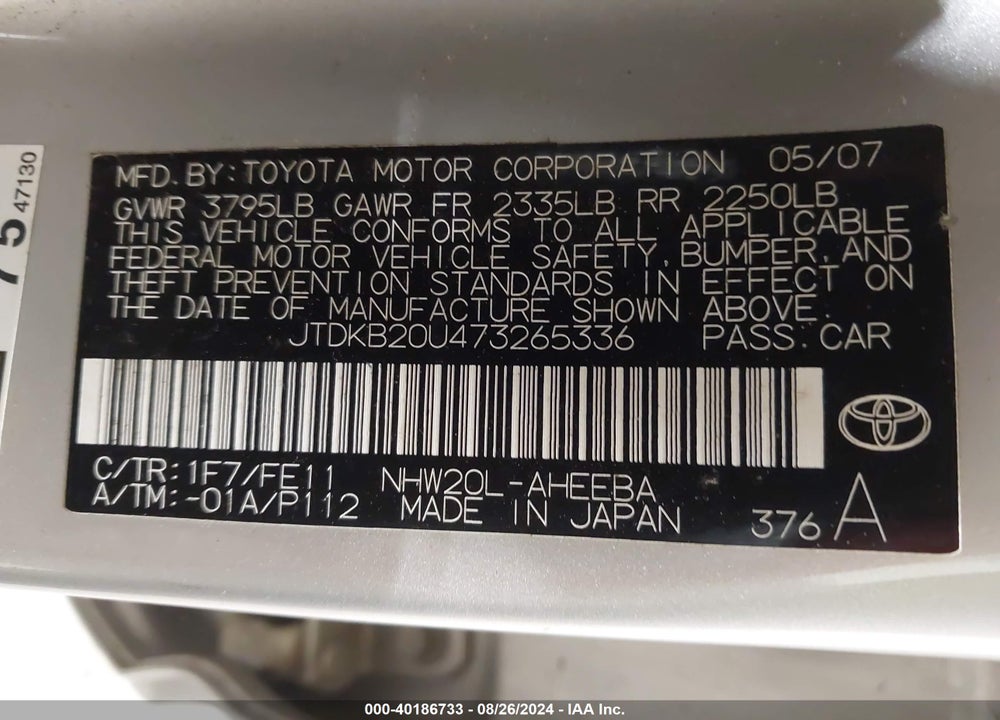 2007 TOYOTA PRIUS VIN: JTDKB20U473265336